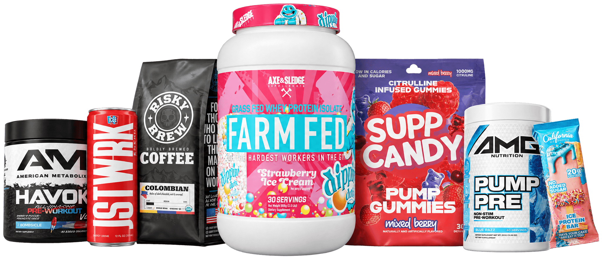 Packaging designed by Gerart Media — pre-workout, whey protein, energy drink, coffee and gummies
