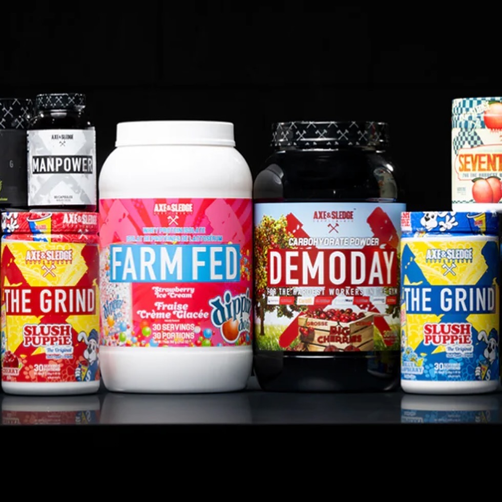 Axe & Sledge full product lineup — packaging and product photography